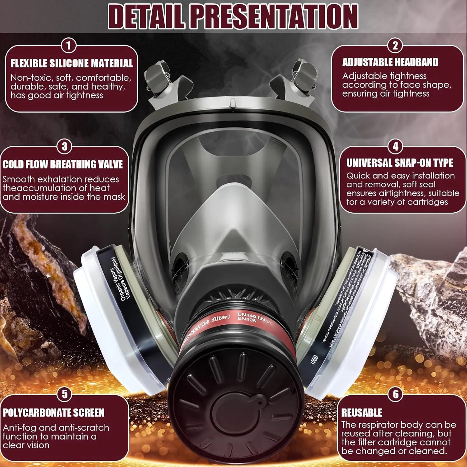 Full Face Gas Respirator Mask - Gas Masks Survival Nuclear and Chemical with Activated Carbon Filters