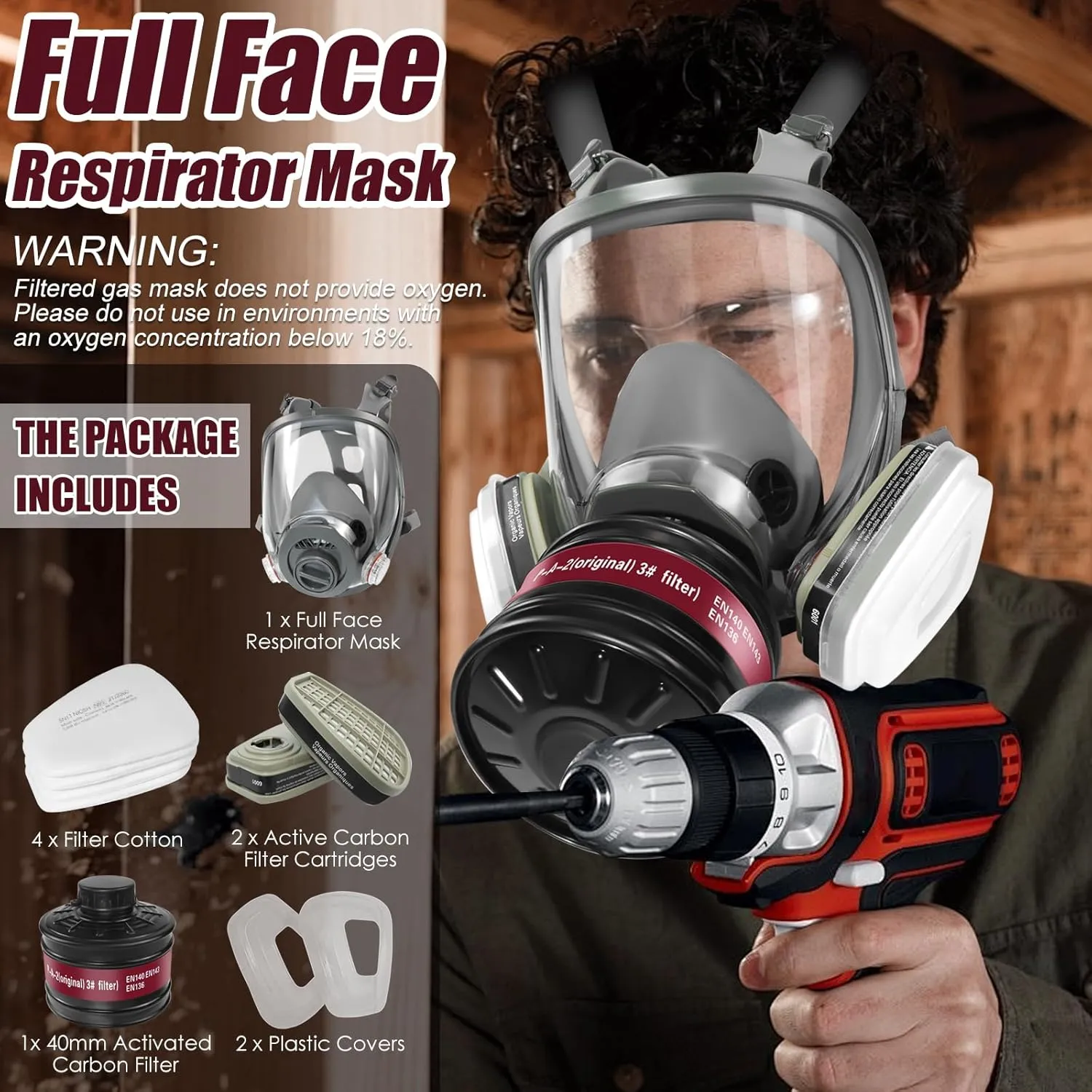 Full Face Gas Respirator Mask - Gas Masks Survival Nuclear and Chemical with Activated Carbon Filters