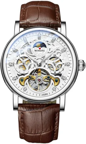 Fully Automatic Mechanical Watch Men's Tourbillon Hollow Dial Multifunctional 24-Hour Pointer Moon Phase Display Two Time Zones Design Men's Business Mechanical Watch