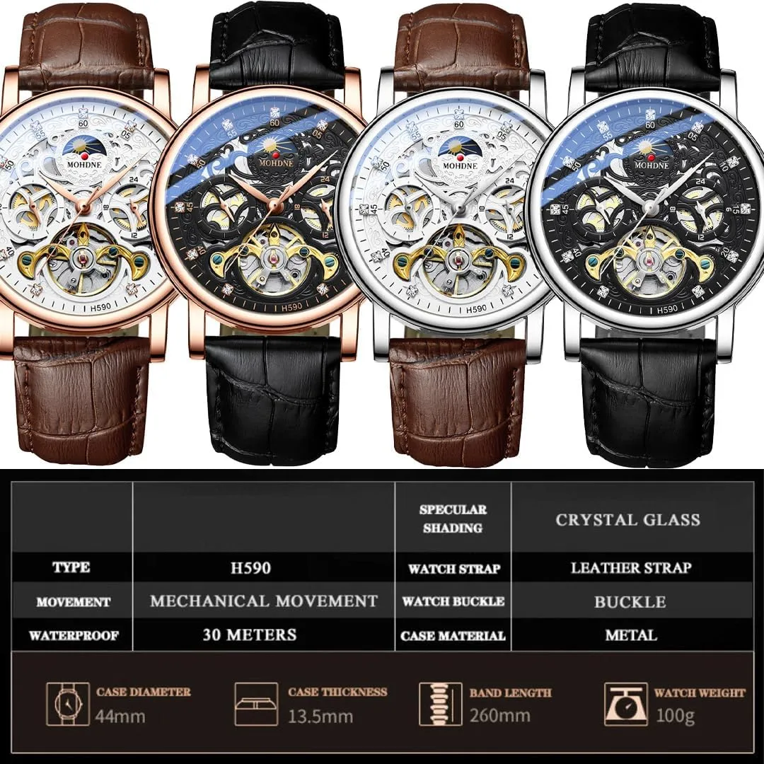 Fully Automatic Mechanical Watch Men's Tourbillon Hollow Dial Multifunctional 24-Hour Pointer Moon Phase Display Two Time Zones Design Men's Business Mechanical Watch