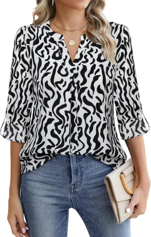 Gaharu Women's Blouses 3/4 Sleeve Work Shirt Chiffon Tunic Top Office Wear
