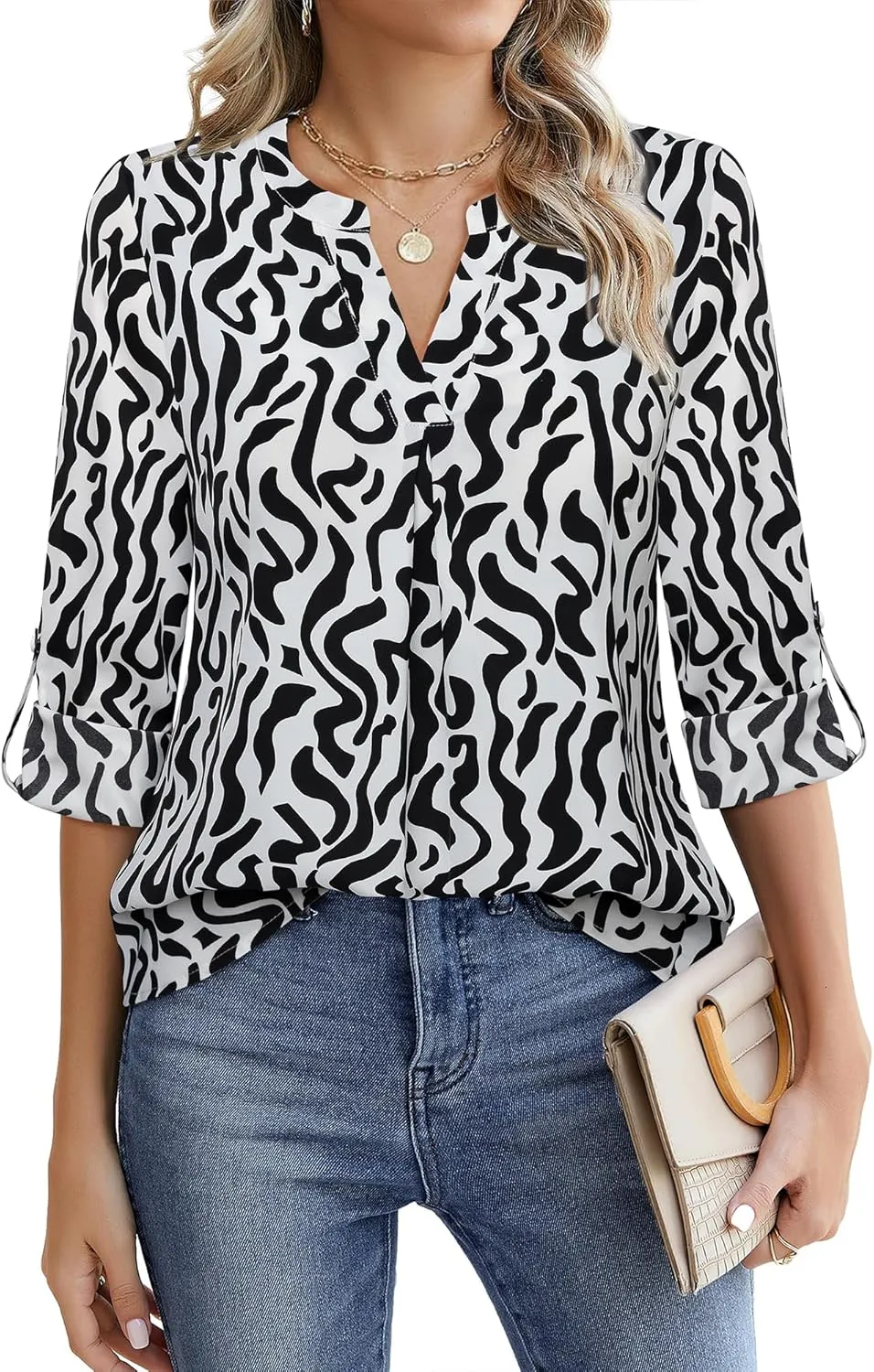 Gaharu Women's Blouses 3/4 Sleeve Work Shirt Chiffon Tunic Top Office Wear