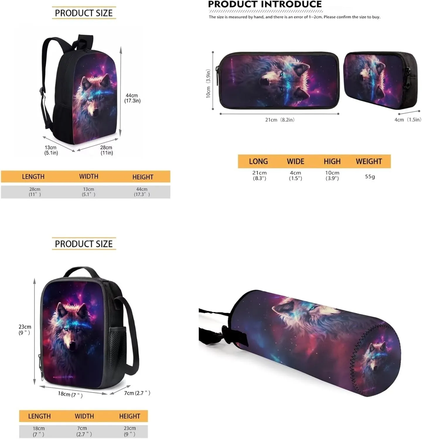 Galaxy Wolf Girls Schoolbags Kids Backpack with Lunch Box Pencil Case for Elementary Middle School Junior Kids Book Bags Lightweight Childrens Bookbags 4PCS