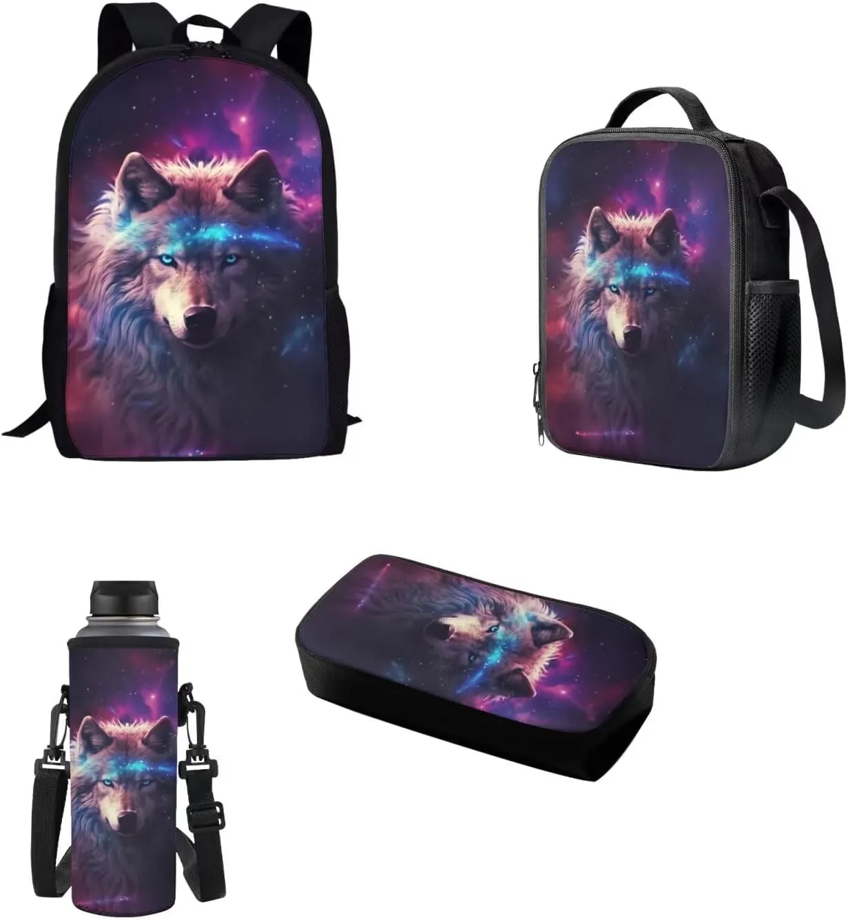 Galaxy Wolf Girls Schoolbags Kids Backpack with Lunch Box Pencil Case for Elementary Middle School Junior Kids Book Bags Lightweight Childrens Bookbags 4PCS