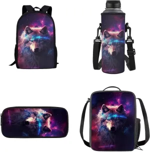 Galaxy Wolf Girls Schoolbags Kids Backpack with Lunch Box Pencil Case for Elementary Middle School Junior Kids Book Bags Lightweight Childrens Bookbags 4PCS