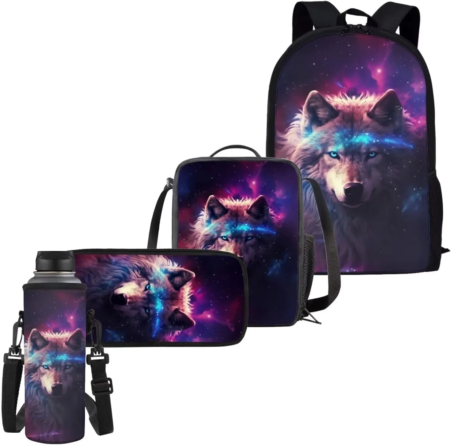 Galaxy Wolf Girls Schoolbags Kids Backpack with Lunch Box Pencil Case for Elementary Middle School Junior Kids Book Bags Lightweight Childrens Bookbags 4PCS