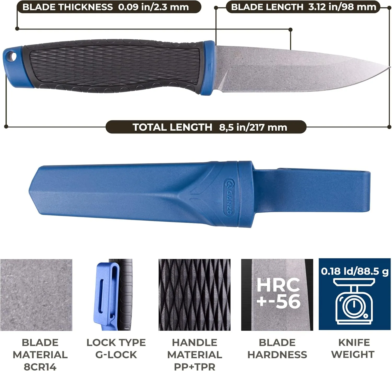 Ganzo G806-BL Fixed Blade Knife 8CR14 Stainless Steel Blade Ergonomic Anti-Slip Handle Camping Hunting Fishing Outdoor EDC Knife with Scabbard (Blue)