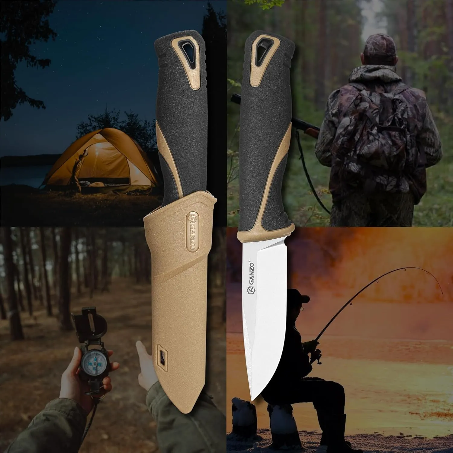 Ganzo G807-DY Fixed Blade Knife Razor Sharp 9CR14 Stainless Steel Blade PP Handle Outdoor Knife with Sheath Hunting Fishing Hiking Tool (Beige)