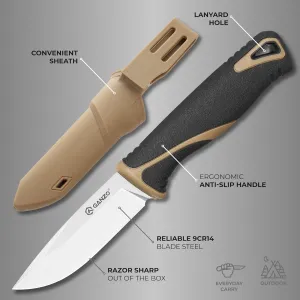 Ganzo G807-DY Fixed Blade Knife Razor Sharp 9CR14 Stainless Steel Blade PP Handle Outdoor Knife with Sheath Hunting Fishing Hiking Tool (Beige)