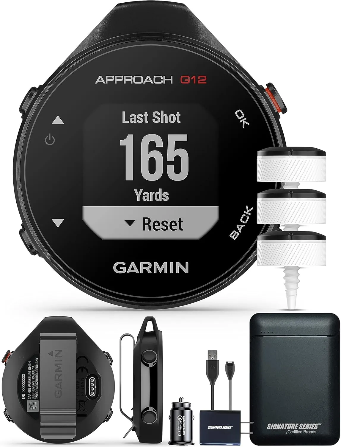 Garmin Approach G12 Golfing Handheld | Preloaded with 42k CourseView Maps | Scorekeeping | Golf System with Approach CT10 Starter Kit, Club Tracking System (3 Sensors) and Signature Power Bundle