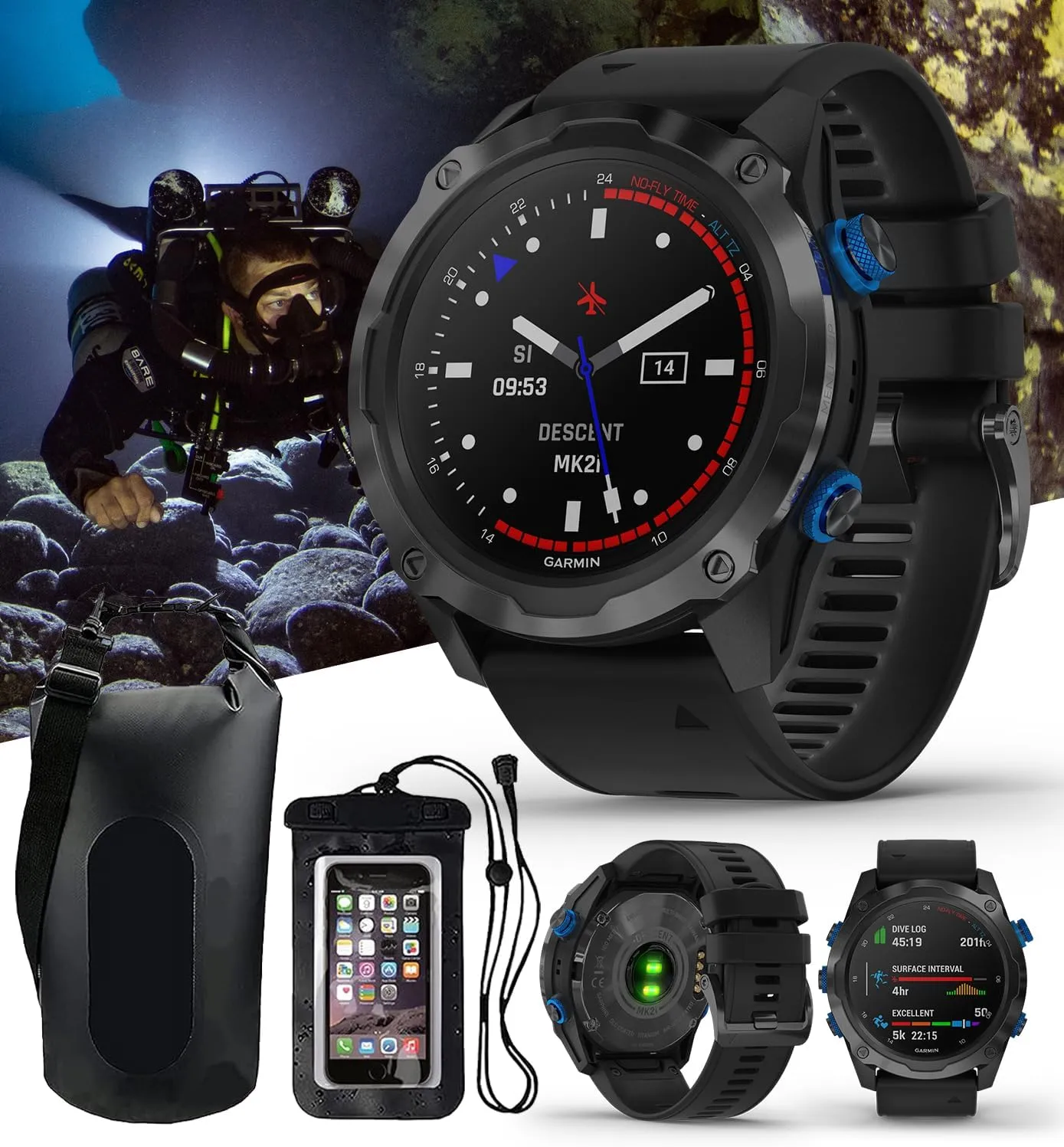 Garmin Descent Mk2i (Titanium Gray DLC/Black) Dive Computer Watch Bundle - Air Integration, Multisport Training Features - includes PlayBetter Waterproof Dry Bag Set