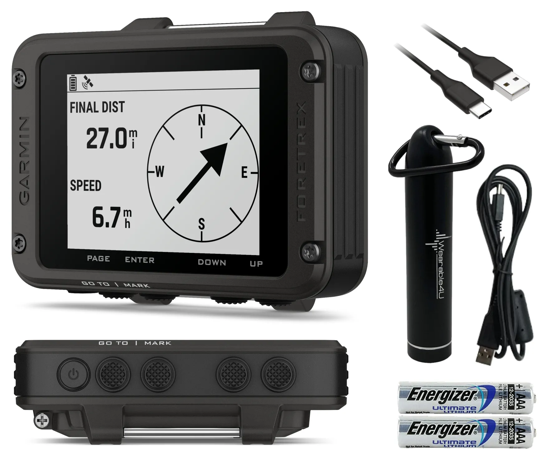 Garmin Foretrex 801 Wrist-mounted GPS Navigator, Tactical Features with AAA Batteries and Wearable4U Power Bank Bundle