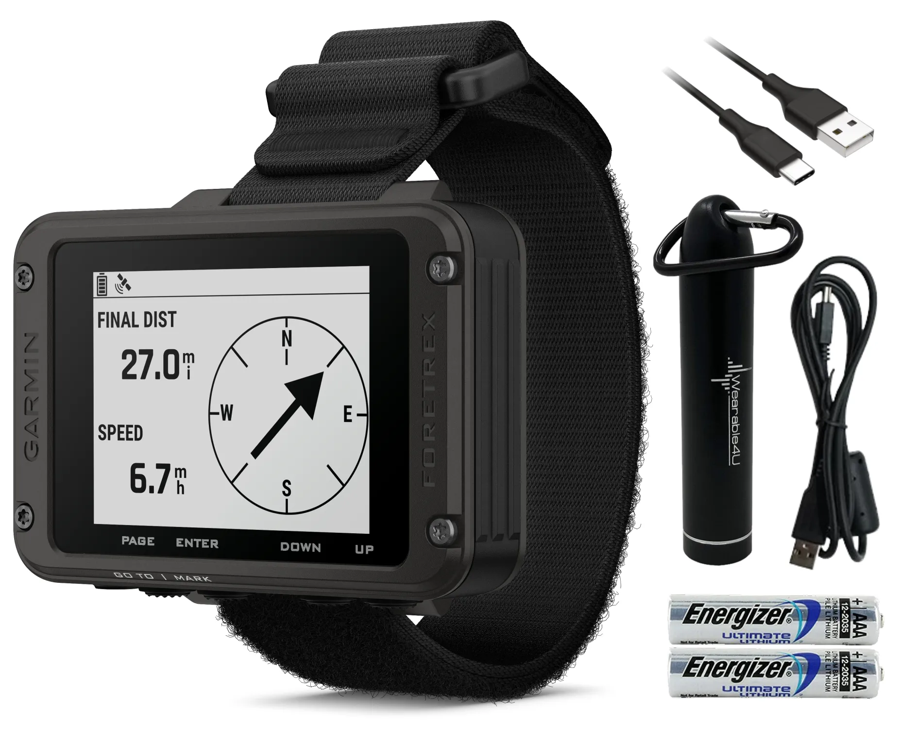 Garmin Foretrex 801 Wrist-mounted GPS Navigator, Tactical Features with AAA Batteries and Wearable4U Power Bank Bundle