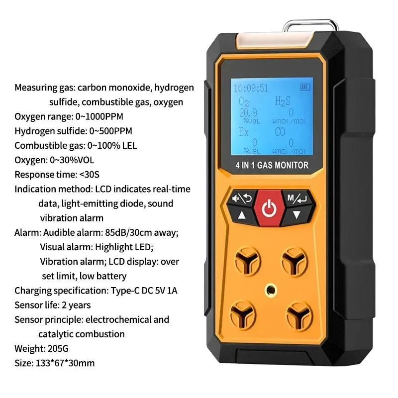 Gas Detector Meter 4 in 1 Oxygen O2 Carbon Monoxide CO H2S Ex Combustible Gas Analyzer Leak Detector