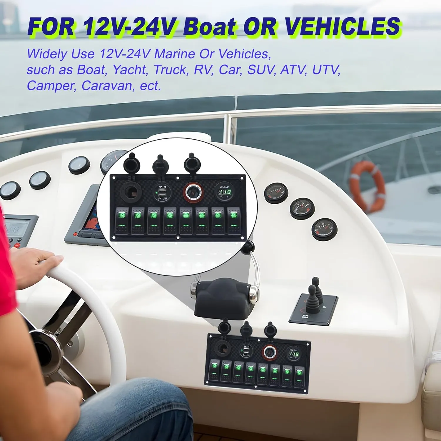 Geloo 8 Gang Marine Rocker Switch Panel, Boat Switch Panel Waterproof, 12V Switch Panel Toggle Switches Panel with LED Circuit Breaker 3.1A USB Charger Voltmeter ON/Off for Car Rvs Vehicles (Green