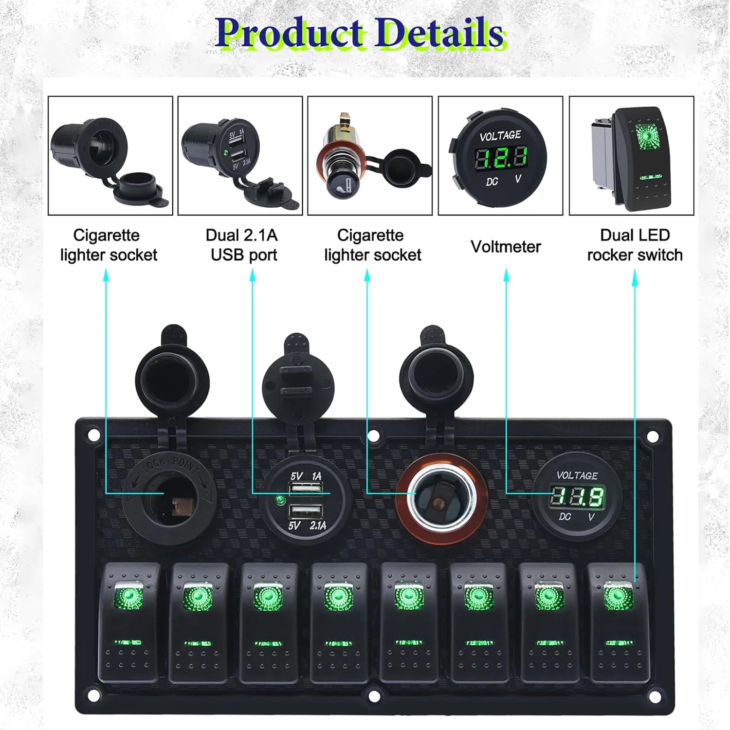 Geloo 8 Gang Marine Rocker Switch Panel, Boat Switch Panel Waterproof, 12V Switch Panel Toggle Switches Panel with LED Circuit Breaker 3.1A USB Charger Voltmeter ON/Off for Car Rvs Vehicles (Green
