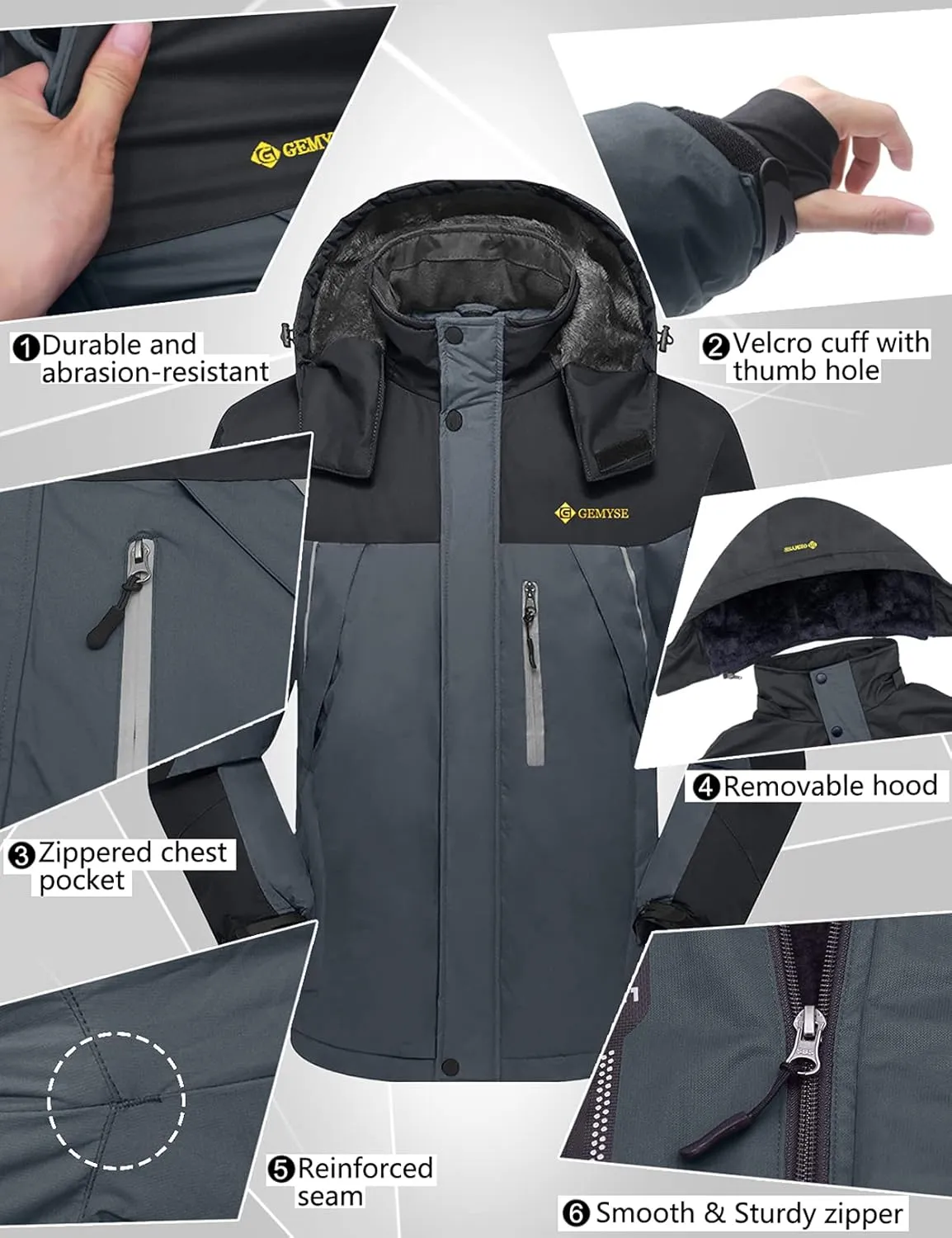 GEMYSE Men's Windproof Ski Jacket Warm Raincoats Snowboarding Hooded Parka With Multi-Pockets