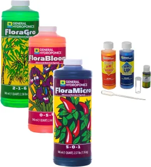 General Hydroponics Flora Series Fertilizer Bundle, with FloraMicro, FloraGro, FloraBloom and pH Control Kit