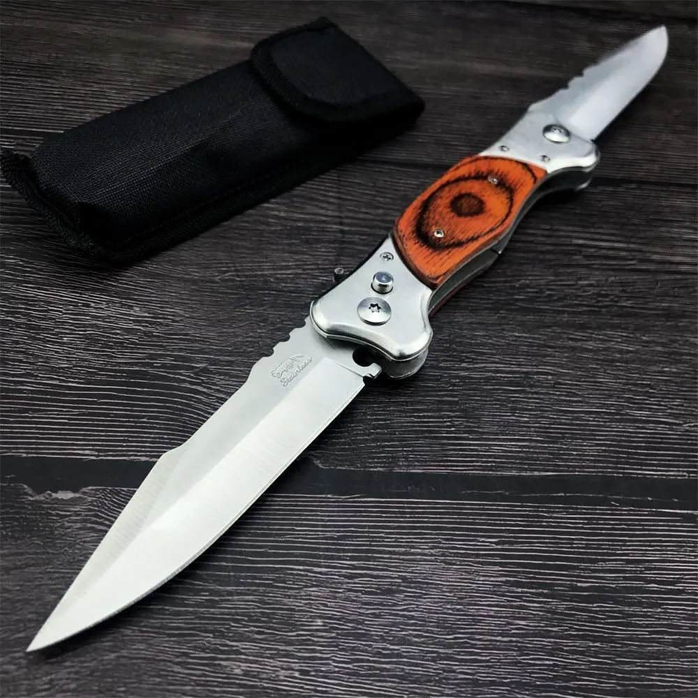Generic 13.29 in Assisted Opening Tactical Pocket Knife, Double Folding Blades, Wood/Resin Handle, Black Nylon Sheath, Button Lock Hunting Camping Survival EDC Knife, Gifts for Men (Wood Handle)