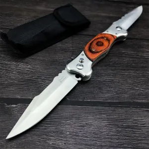 Generic 13.29 in Assisted Opening Tactical Pocket Knife, Double Folding Blades, Wood/Resin Handle, Black Nylon Sheath, Button Lock Hunting Camping Survival EDC Knife, Gifts for Men (Wood Handle)