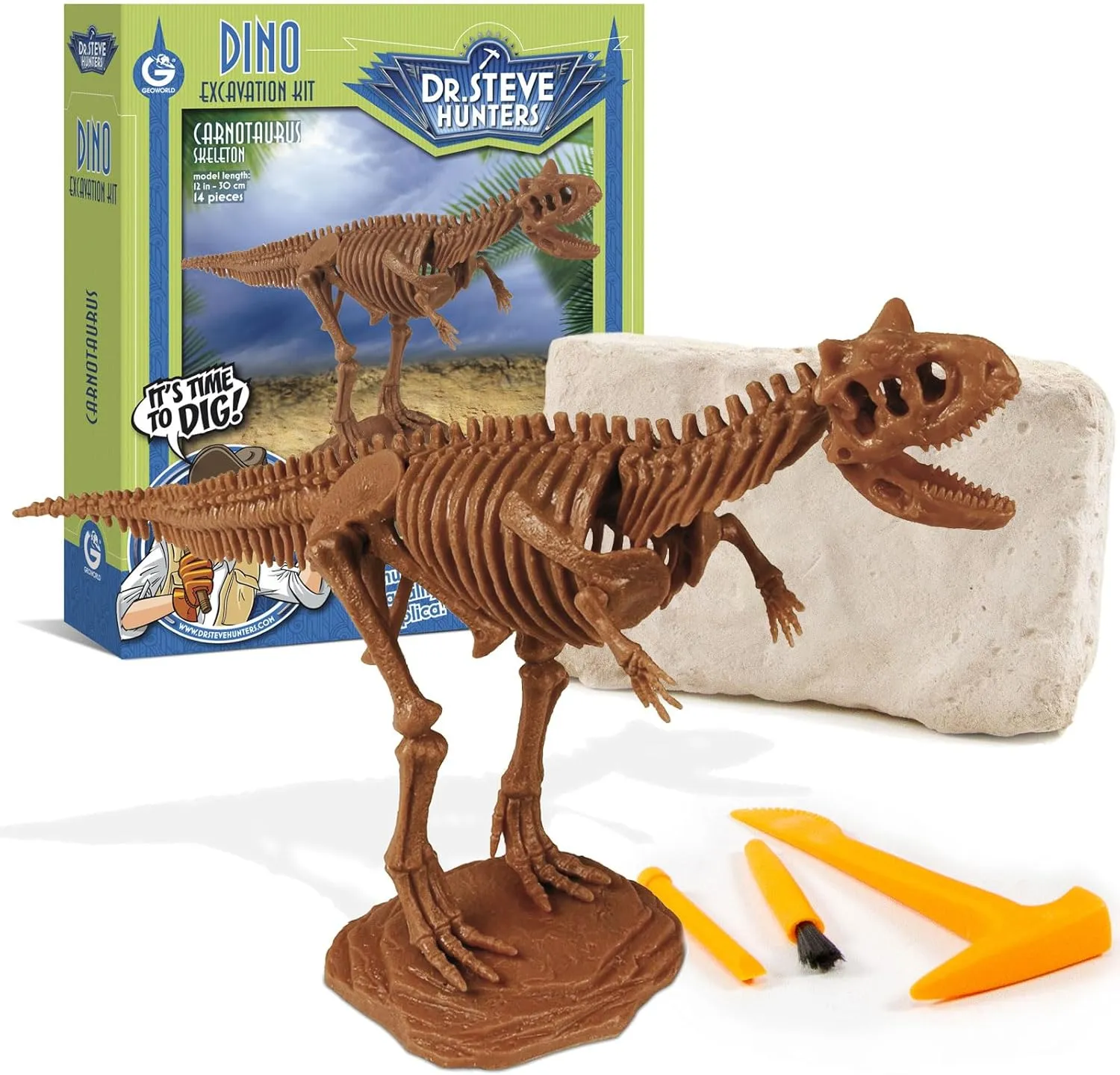 Geoworld Carnotaurus Dino Dig Kit – Build a 12-Inch Carnotaurus Skeleton Model – Ultimate STEM Experience for Kids Aged 6 , Brown