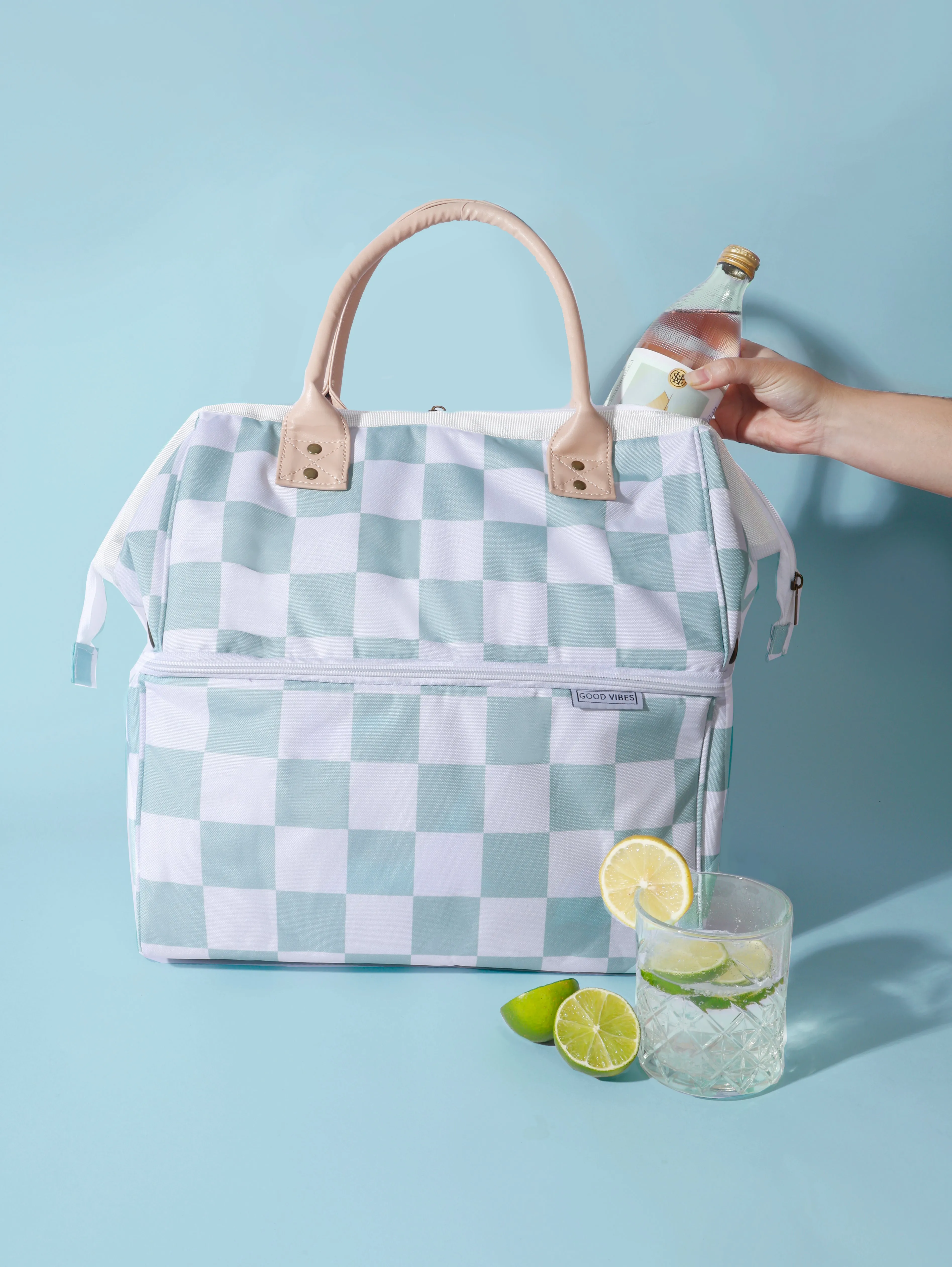 Good Vibes™ Premium Insulated Picnic Cooler Bag, Carry Handles, 2 Separate Compartments, Holds 24  Cans - Sage Check