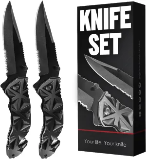 GOOD WORKER 2 pcs Pocket Knife Set - Folding Tactical Black Knives with Aluminum Handle - Sharp Blade Knives Sets for EDC Camping Hunting Survival - Birthday Gift for Men & Women 207