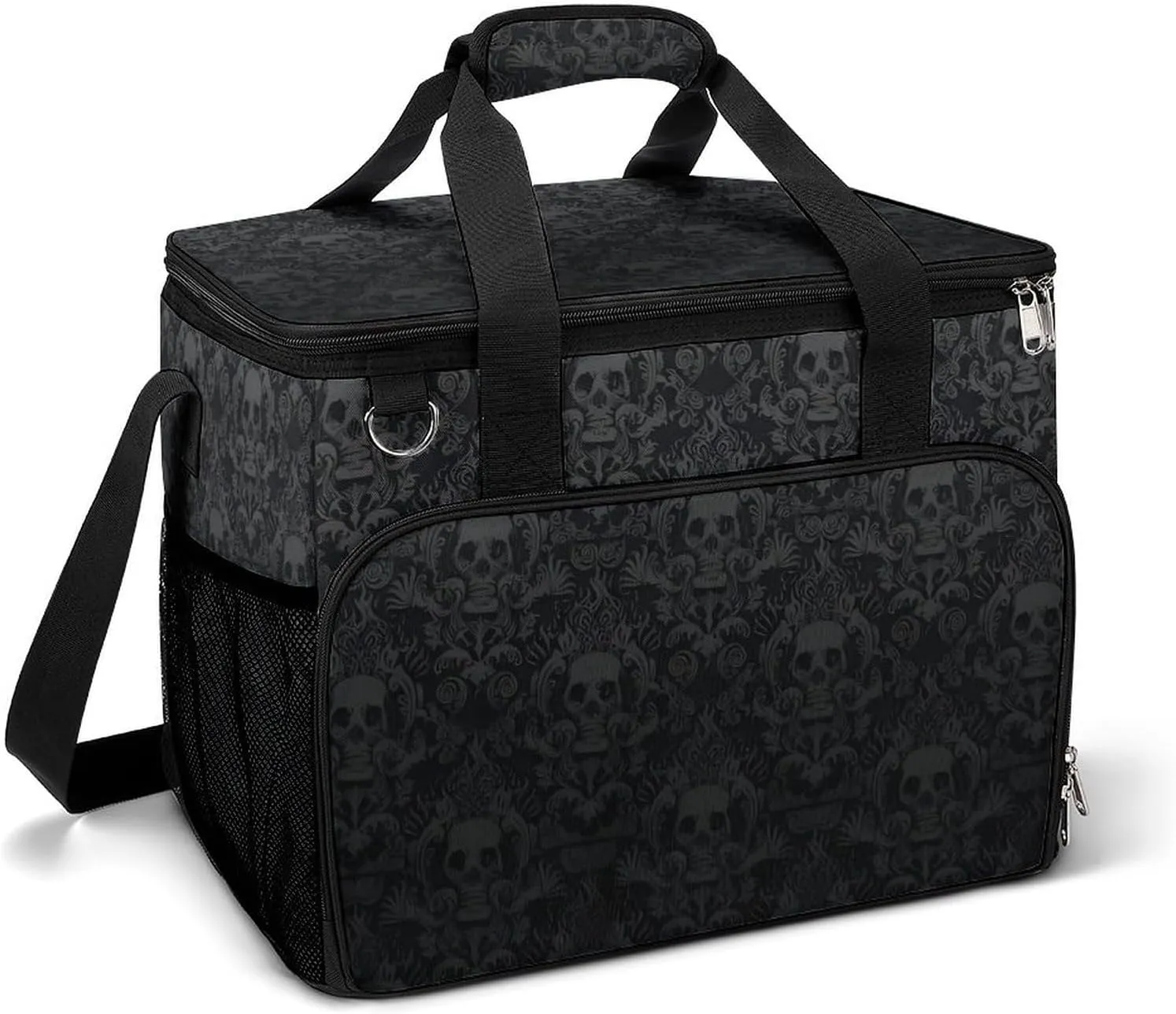 Goth Gothic Black Skull Damask Cooler Bag, Collapsible Soft Sided Cooler, Large Leakproof Camping Cooler, Portable Travel Cooler for Camping, Road Trips