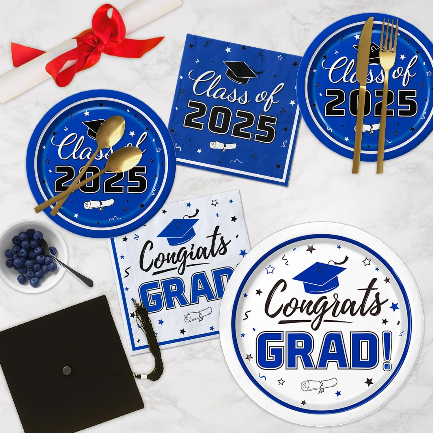 Graduation Party Supplies Kit Serves 50 - Graduation Party Blue Class of 2025 Tableware Disposable Dinner Plates Dessert Plates and Napkins for Congrats Grad Party Decorations