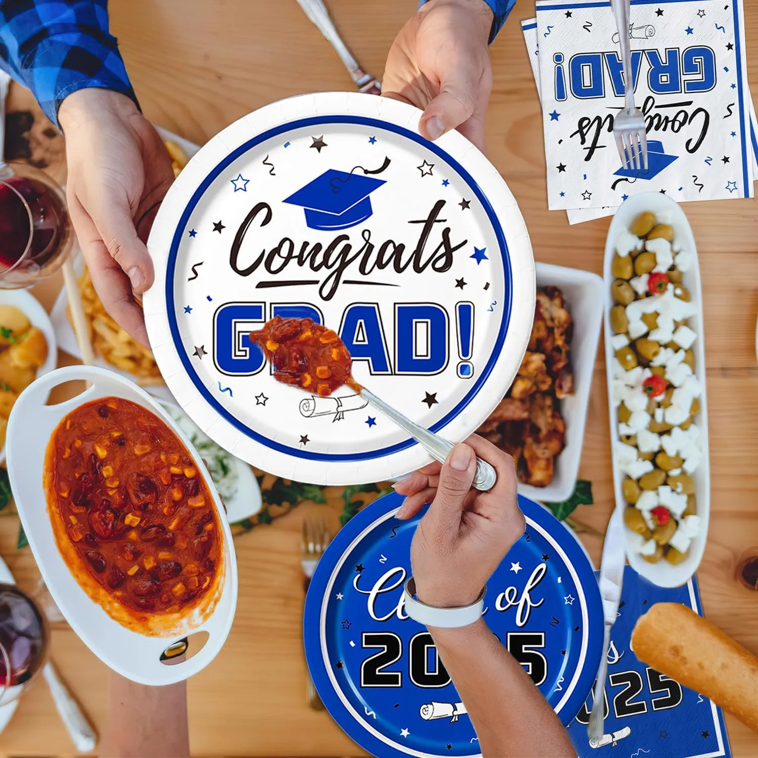 Graduation Party Supplies Kit Serves 50 - Graduation Party Blue Class of 2025 Tableware Disposable Dinner Plates Dessert Plates and Napkins for Congrats Grad Party Decorations