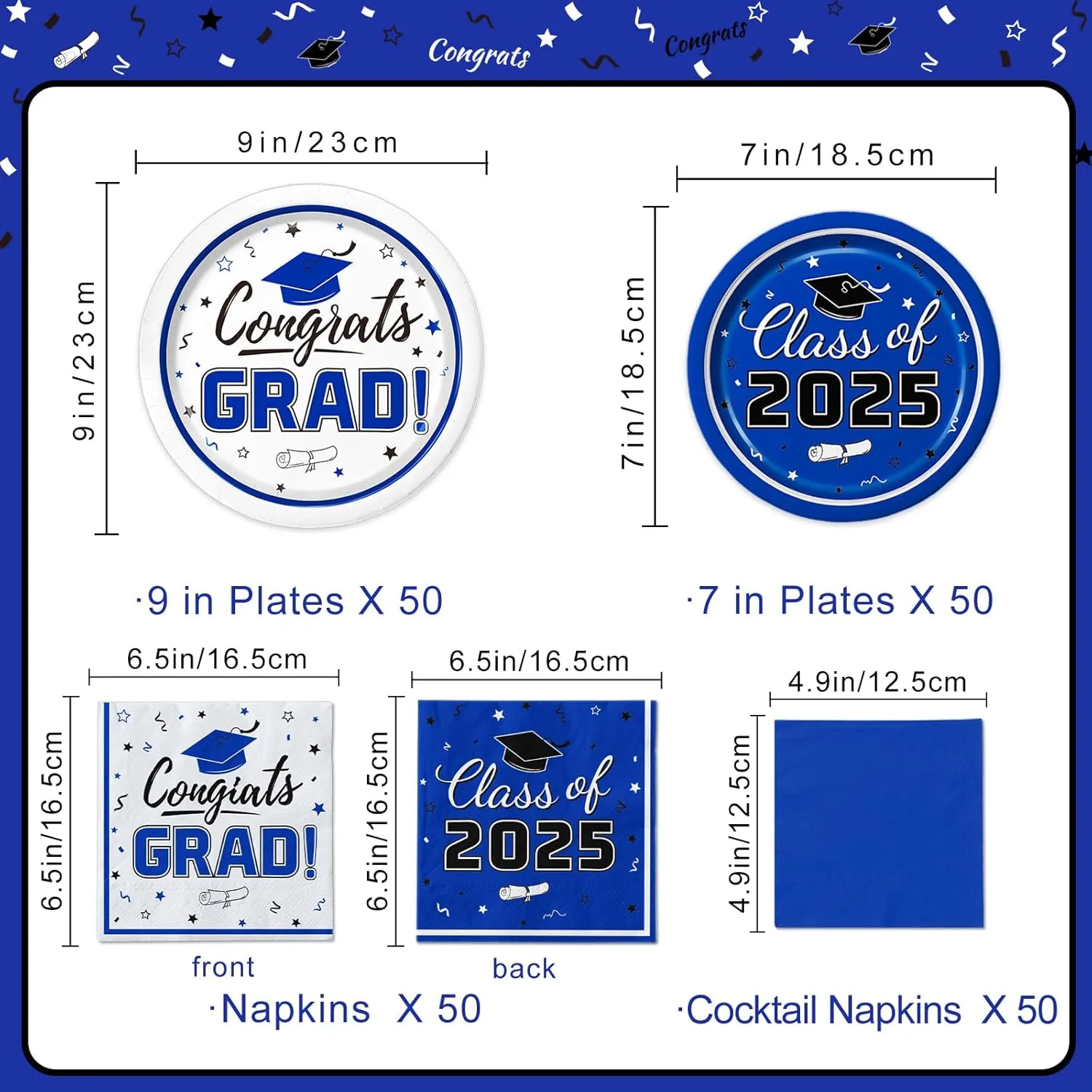 Graduation Party Supplies Kit Serves 50 - Graduation Party Blue Class of 2025 Tableware Disposable Dinner Plates Dessert Plates and Napkins for Congrats Grad Party Decorations