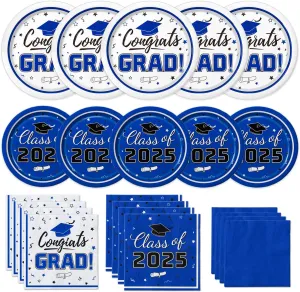 Graduation Party Supplies Kit Serves 50 - Graduation Party Blue Class of 2025 Tableware Disposable Dinner Plates Dessert Plates and Napkins for Congrats Grad Party Decorations