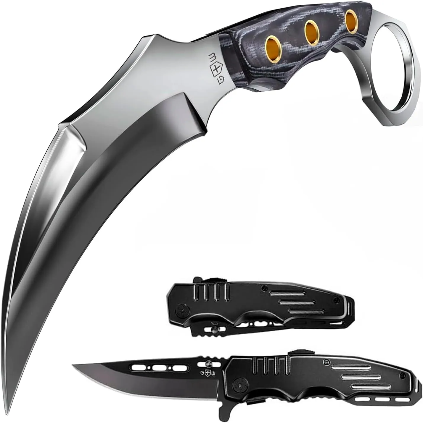 Grand Way Knife with Sheath - Safety Lock Pocket Knife - Small Fixed Blade Knife with Micarta Handle - Folding Tactical Black Knife - Ideal Knives Set for EDC Camping Hunting Survival