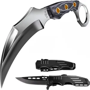 Grand Way Knife with Sheath - Safety Lock Pocket Knife - Small Fixed Blade Knife with Micarta Handle - Folding Tactical Black Knife - Ideal Knives Set for EDC Camping Hunting Survival