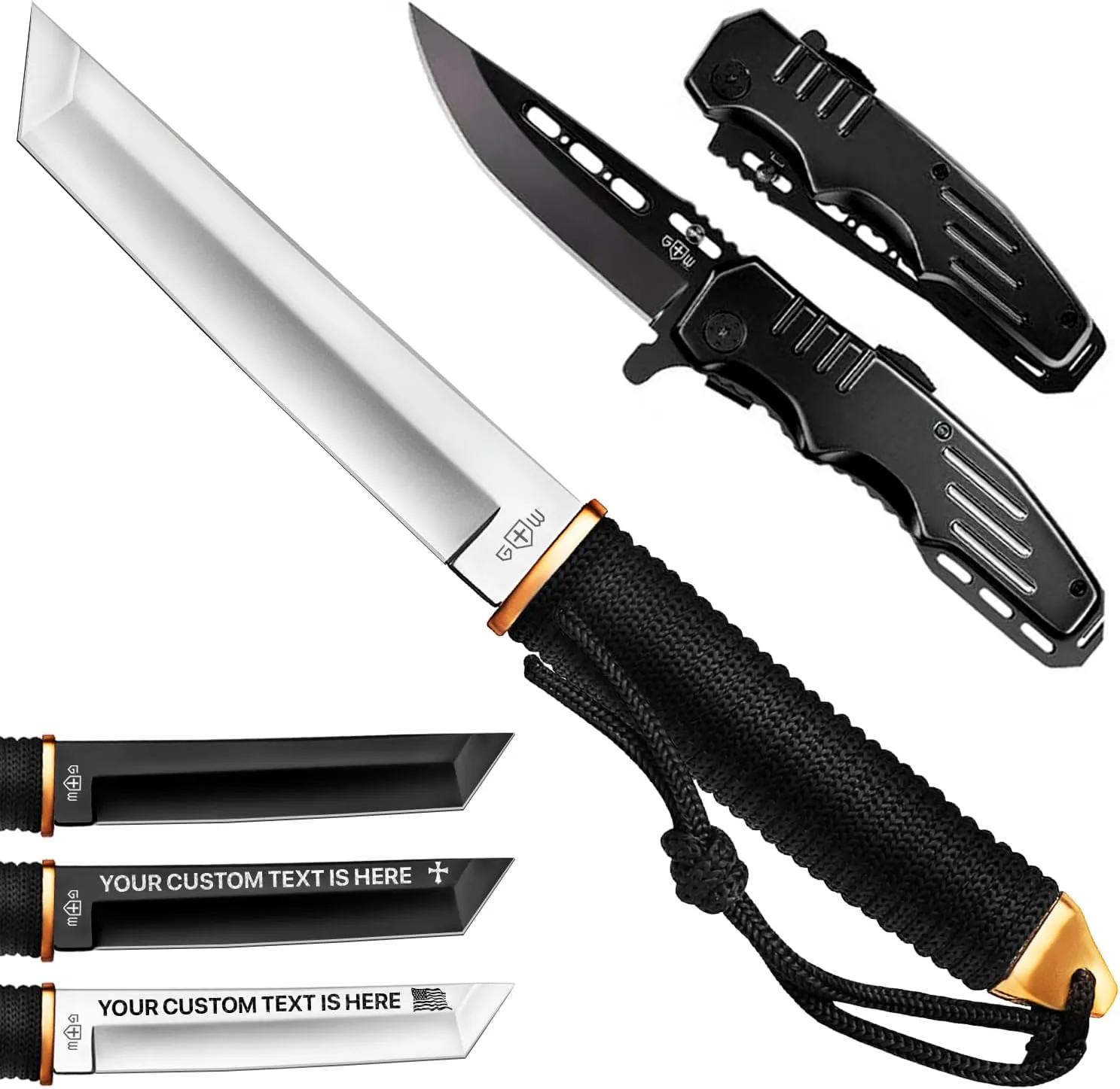 Grand Way Tanto Camping Knife with Sheath – 3  Colors – 5.9" Fixed Full Tang Mirror Polished Blade – Safety Lock Pocket Knife - Folding Tactical Black Knife with Aluminum