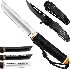 Grand Way Tanto Camping Knife with Sheath – 3  Colors – 5.9" Fixed Full Tang Mirror Polished Blade – Safety Lock Pocket Knife - Folding Tactical Black Knife with Aluminum