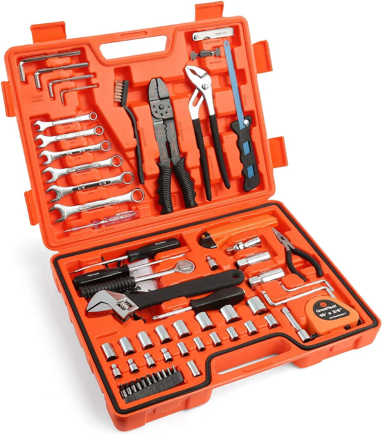 GreatNeck MS125 125 Piece Marine Tool Set, Complete With High Visibility, Water-Resistant Boat Tool Box Case, Anti-Rust Chrome-Plated Boat Supplies And Accessories, Orange