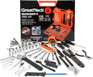 GreatNeck MS125 125 Piece Marine Tool Set, Complete With High Visibility, Water-Resistant Boat Tool Box Case, Anti-Rust Chrome-Plated Boat Supplies And Accessories, Orange