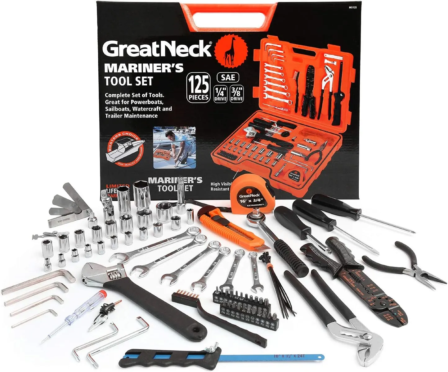 GreatNeck MS125 125 Piece Marine Tool Set, Complete With High Visibility, Water-Resistant Boat Tool Box Case, Anti-Rust Chrome-Plated Boat Supplies And Accessories, Orange