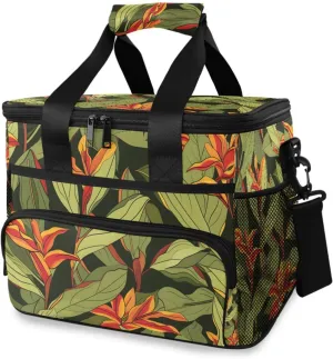 Green Leaf Tropical Flower Cooler Bag Insulated Cooler Soft Sided Cooler 24 Can Portable Picnic Bag Large Leakproof Lunch Bag Box for Beach Grocery Camping Travel Car Men Women