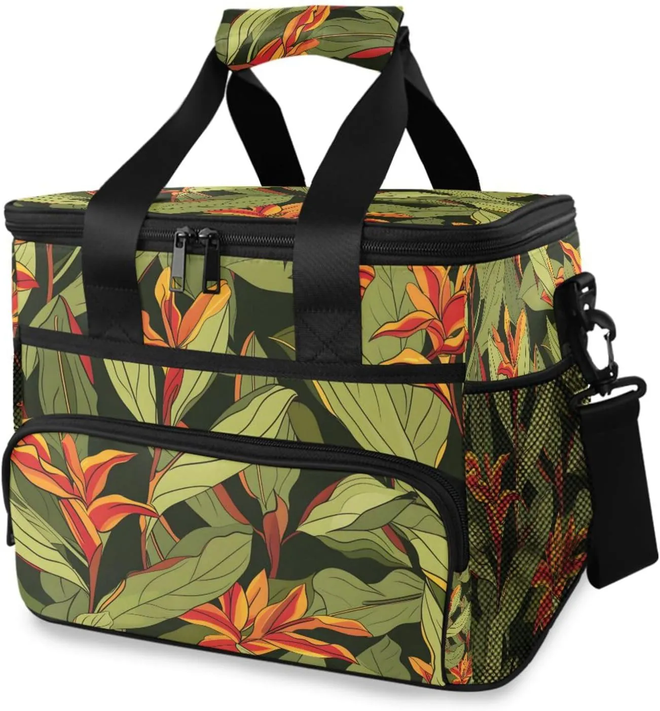 Green Leaf Tropical Flower Cooler Bag Insulated Cooler Soft Sided Cooler 24 Can Portable Picnic Bag Large Leakproof Lunch Bag Box for Beach Grocery Camping Travel Car Men Women