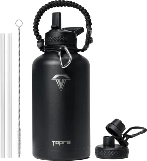 Half Gallon Water Bottle,64oz Insulated Water Bottle Stainless Steel Vacuum, Cold for 48 Hrs,BPA-Free & Leakproof -with Handle,Straw Spout Lids,Big Flask Jug for Gym Sports,Black without Pouch