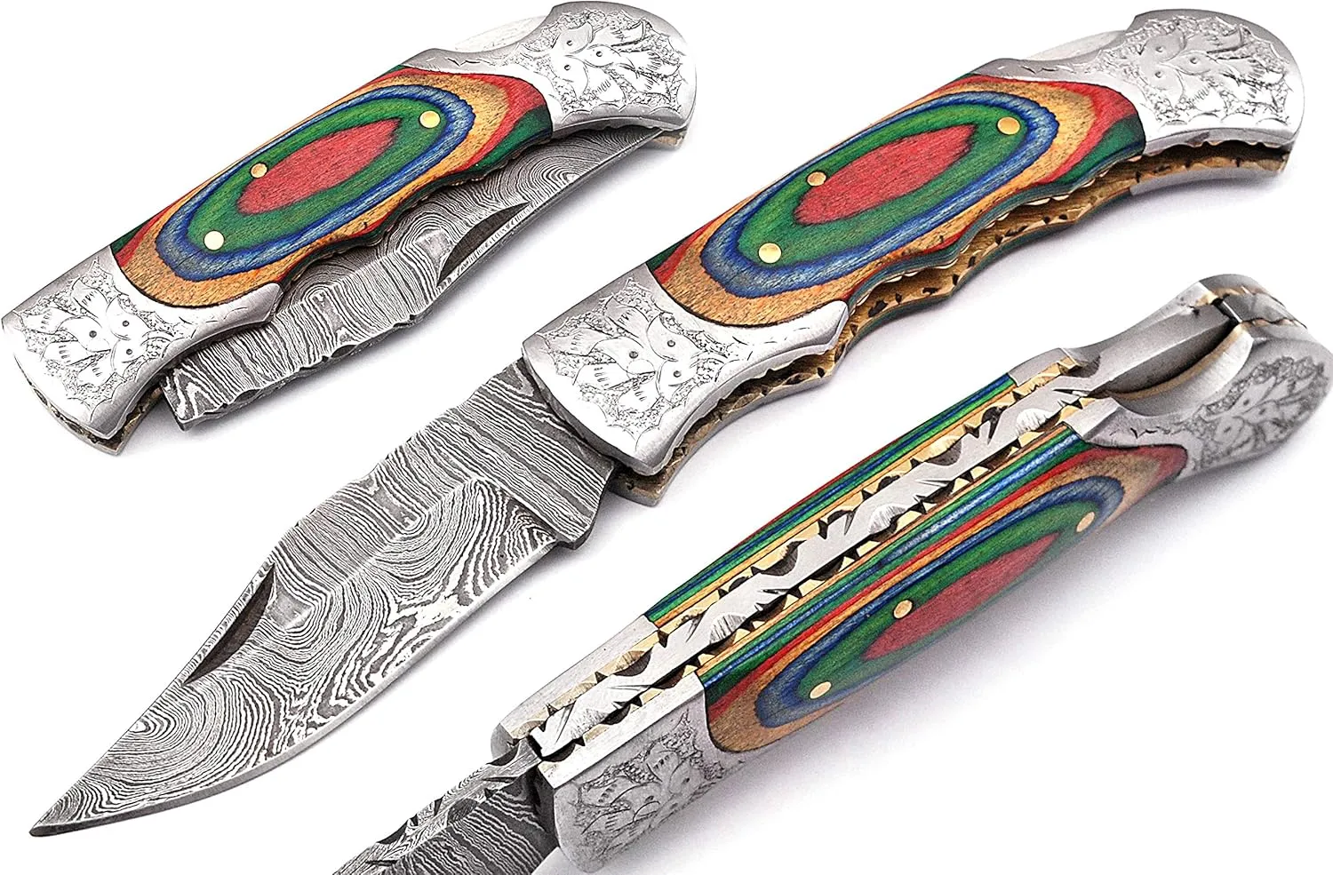 Hand made Damascus steel blade Pocket knife with leather sheath 5170 Multi, knives for men best gift (MCW)