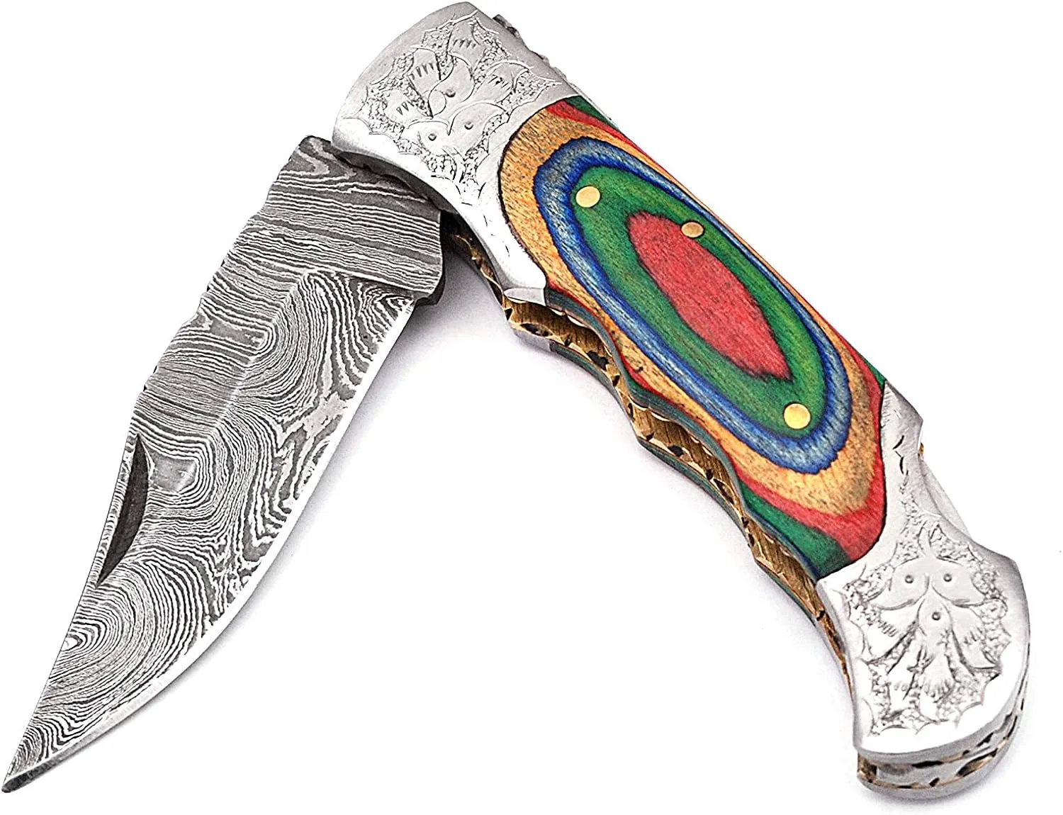 Hand made Damascus steel blade Pocket knife with leather sheath 5170 Multi, knives for men best gift (MCW)