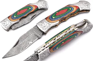 Hand made Damascus steel blade Pocket knife with leather sheath 5170 Multi, knives for men best gift (MCW)