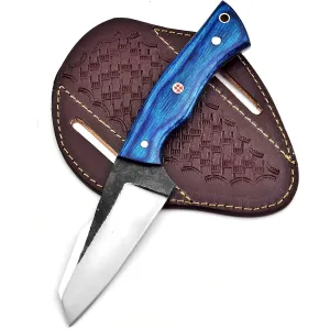 Handmade 1095 High Carbon Steel Hunting Knife, Cowboy Knife, Fixed Blade Hunting knife, with leather Sheath Tactical Knife (Blue wood)