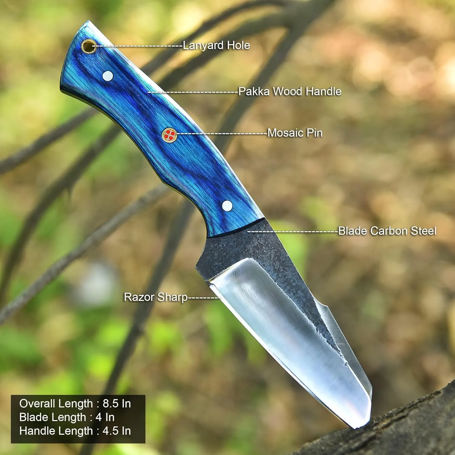 Handmade 1095 High Carbon Steel Hunting Knife, Cowboy Knife, Fixed Blade Hunting knife, with leather Sheath Tactical Knife (Blue wood)
