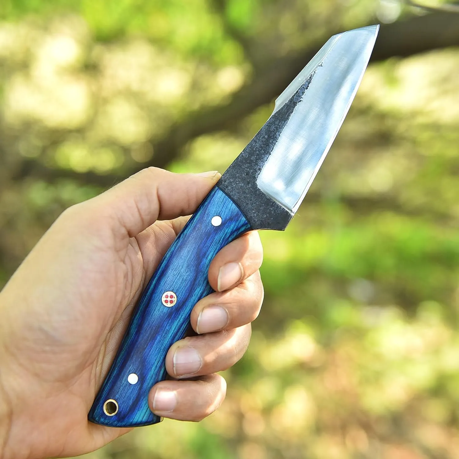 Handmade 1095 High Carbon Steel Hunting Knife, Cowboy Knife, Fixed Blade Hunting knife, with leather Sheath Tactical Knife (Blue wood)