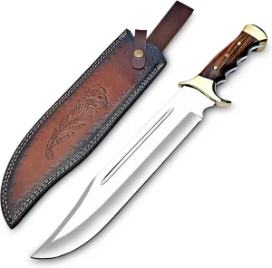 Handmade D2 Steel 18 Inches Large Bowie Knife, Full Tang Fixed Blade With Rosewood Handle and Brass Guard Hunting Knife with Leather Sheath Ideal for Camping, Hiking, Survival
