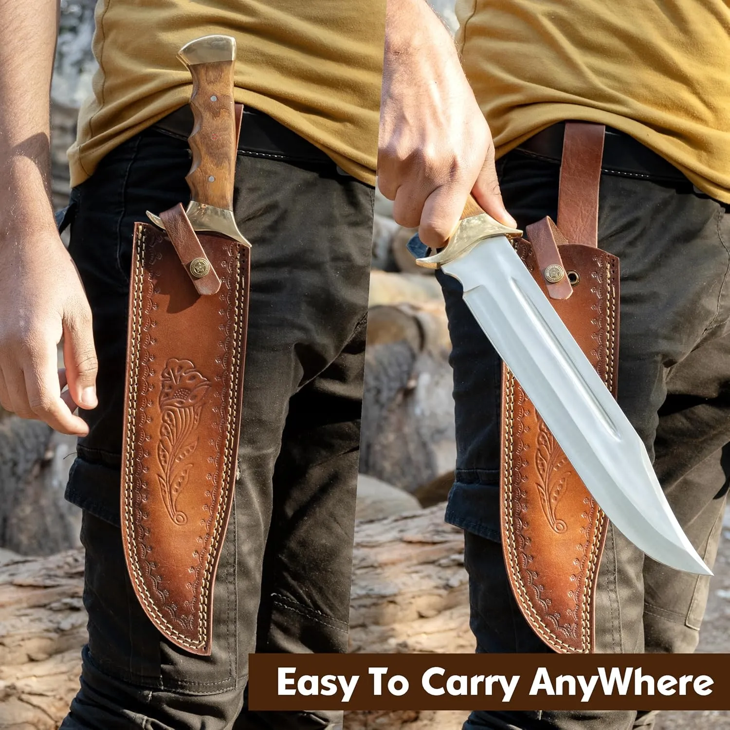 Handmade D2 Steel 18 Inches Large Bowie Knife, Full Tang Fixed Blade With Rosewood Handle and Brass Guard Hunting Knife with Leather Sheath Ideal for Camping, Hiking, Survival